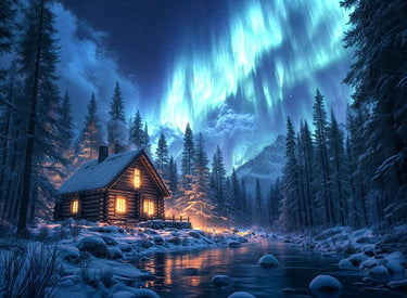 Cabin Under the Northern Lights Winter Puzzle | MakeYourPuzzles